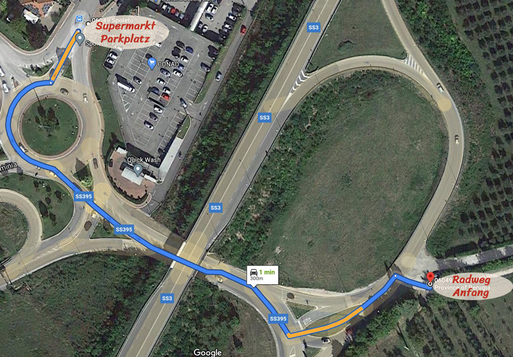 Karte mit eingezeichneter Strecke (300 Meter) vom Parkplatz bis zum Anfang des Spoleto Norcia Radwegs