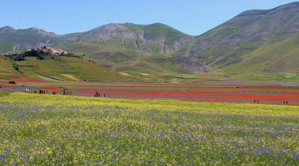 Vom Hügel aus beherrscht Castelluccio di Norcia die riesige Ebene Pian Grande