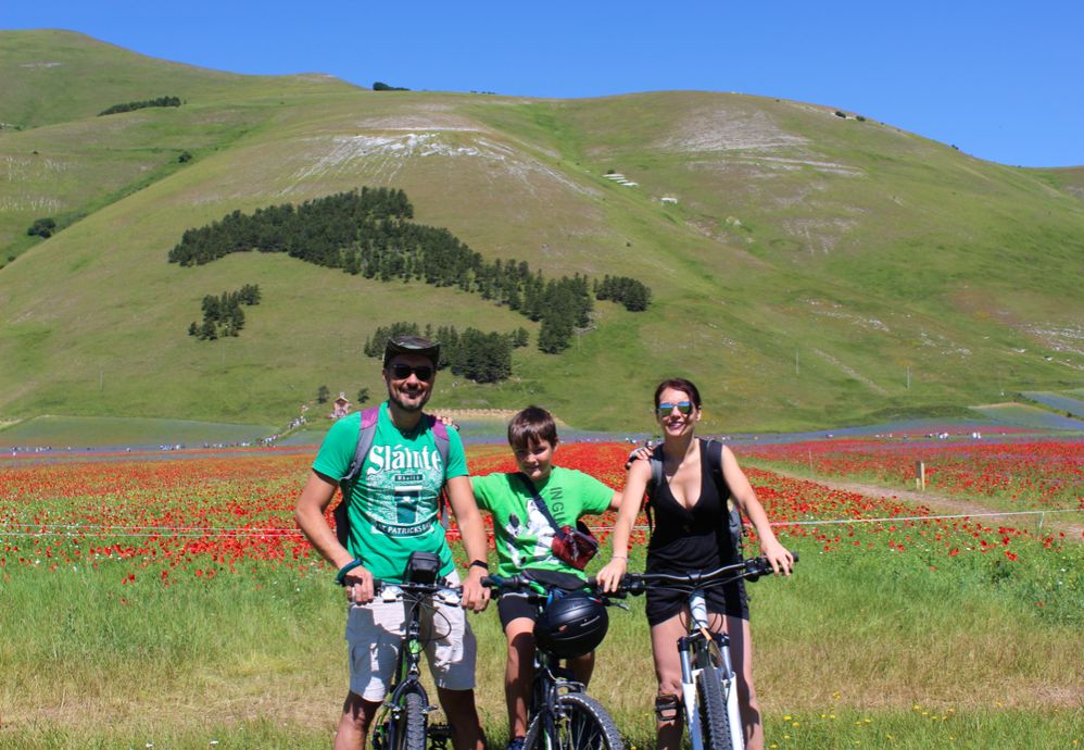 Im Hintergrund der Fella Family der große Wald in Form der Karte von Italien